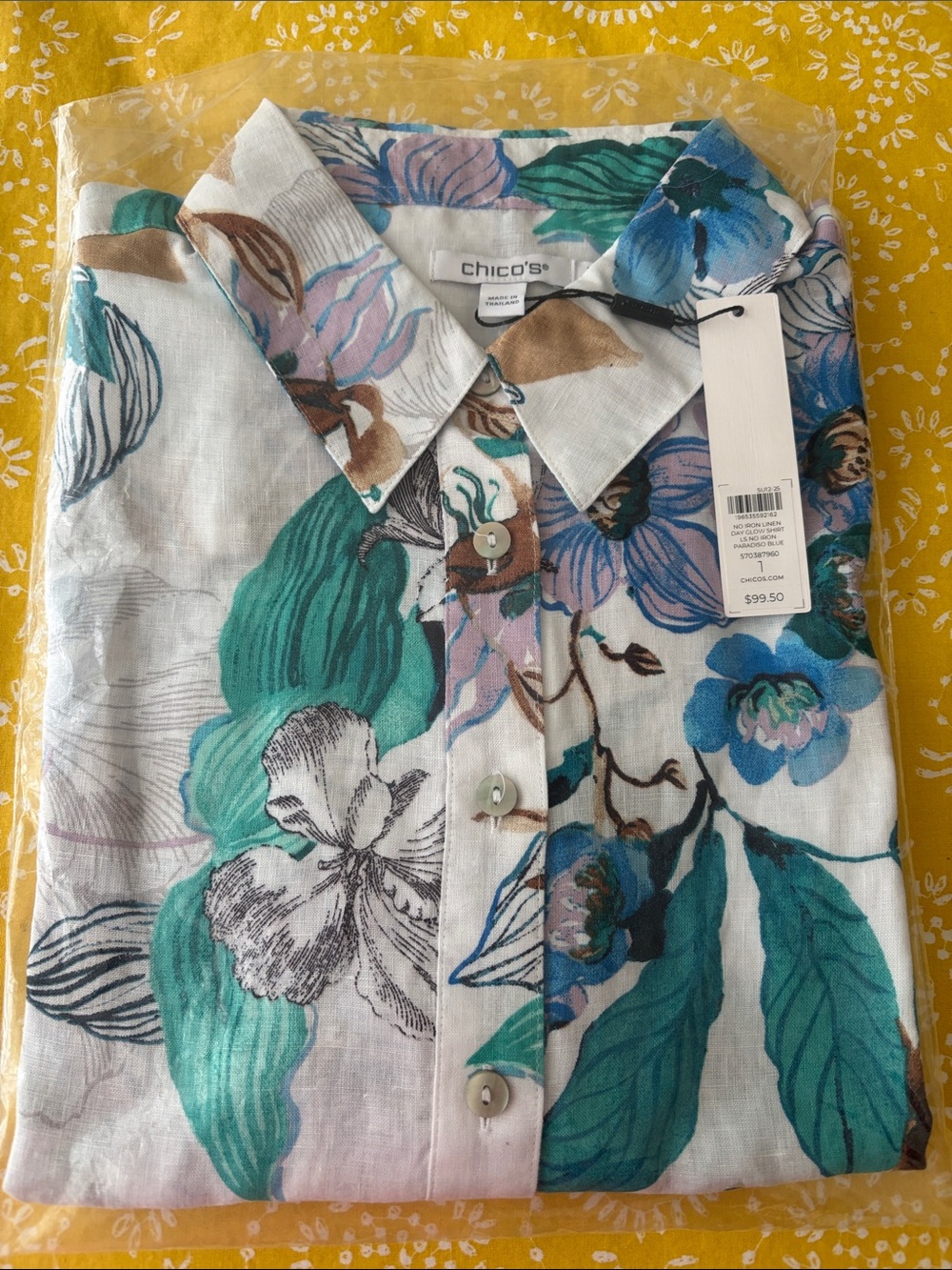Chico's Teal, Blue & Brown Floral Linen Button-Down Shirt